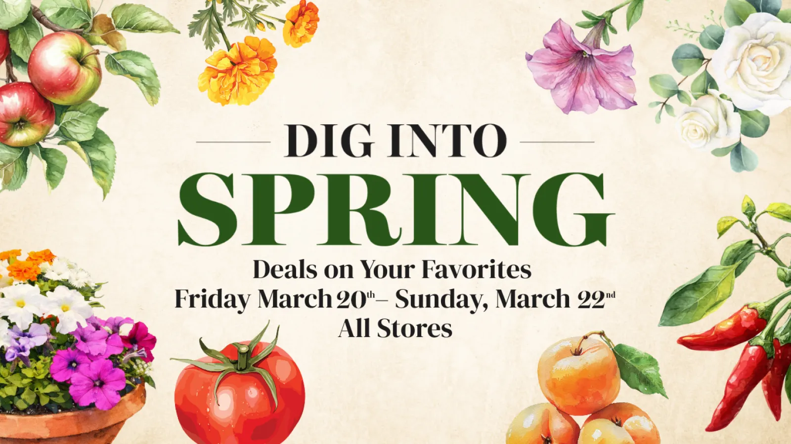 Spring sale announcement with flowers, apples, peppers, tomatoes, and oranges around promotional text.