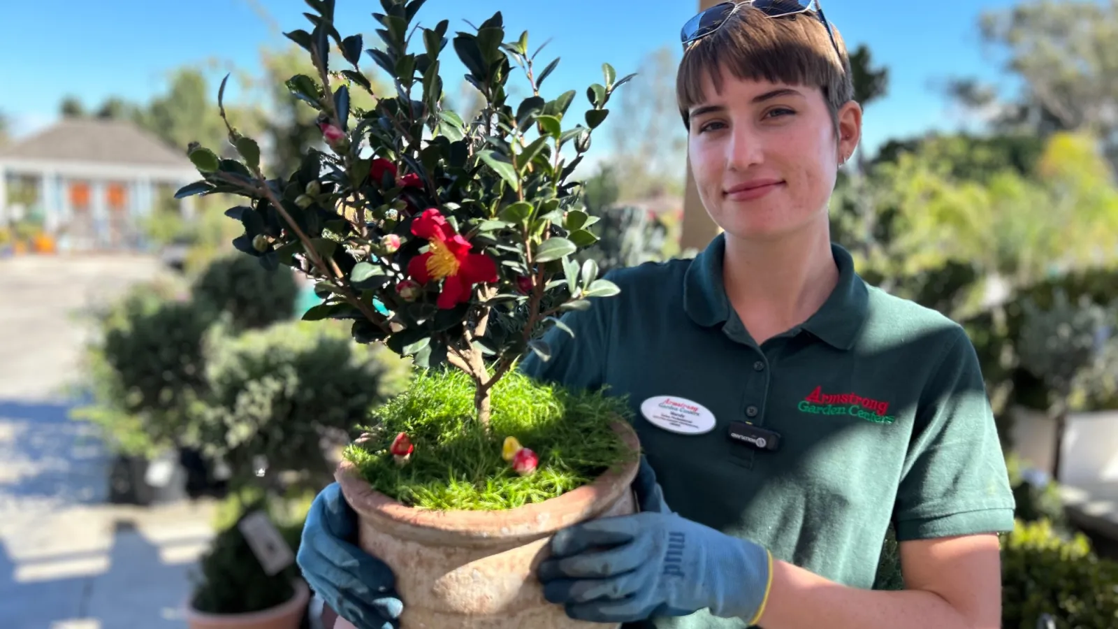 Smiling gardener wearing gloves holding a potted flowering plant in a garden center on a sunny day
