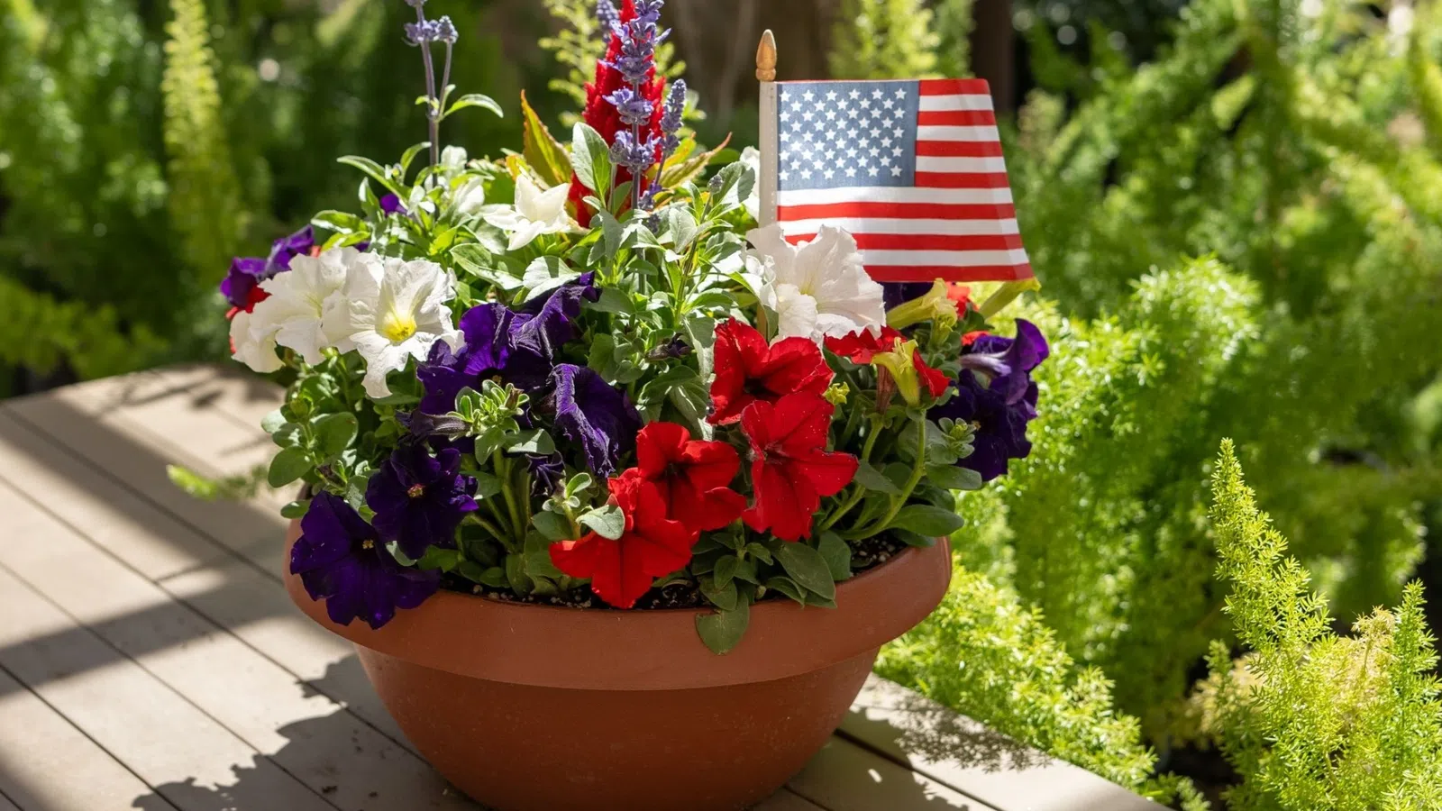 Terracotta pot with red, white, and purple flowers and a small American flag on a wooden table outdoors