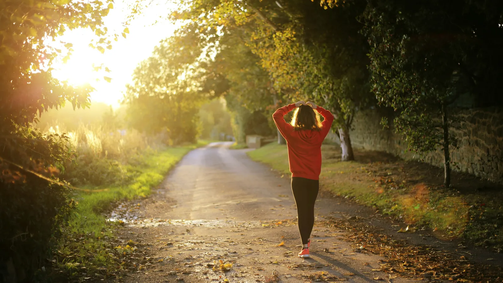 Woman in red jacket walking on a sunlit country road surrounded by trees and autumn leaves.