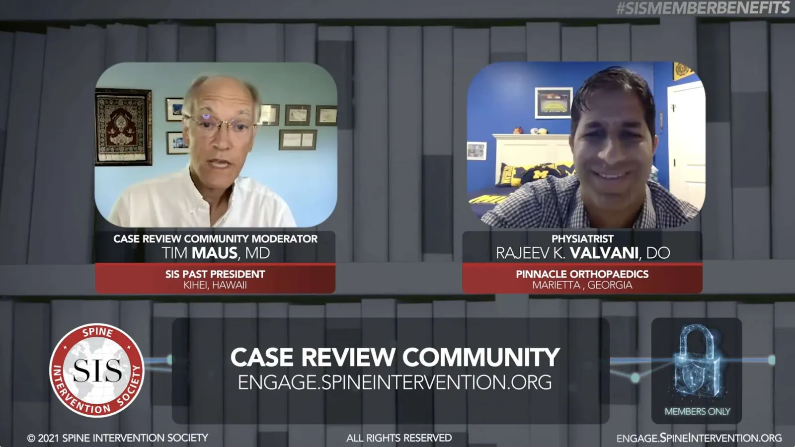 Virtual case review community session featuring Dr. Tim Maus and Dr. Rajeev Valvani discussing spine intervention.