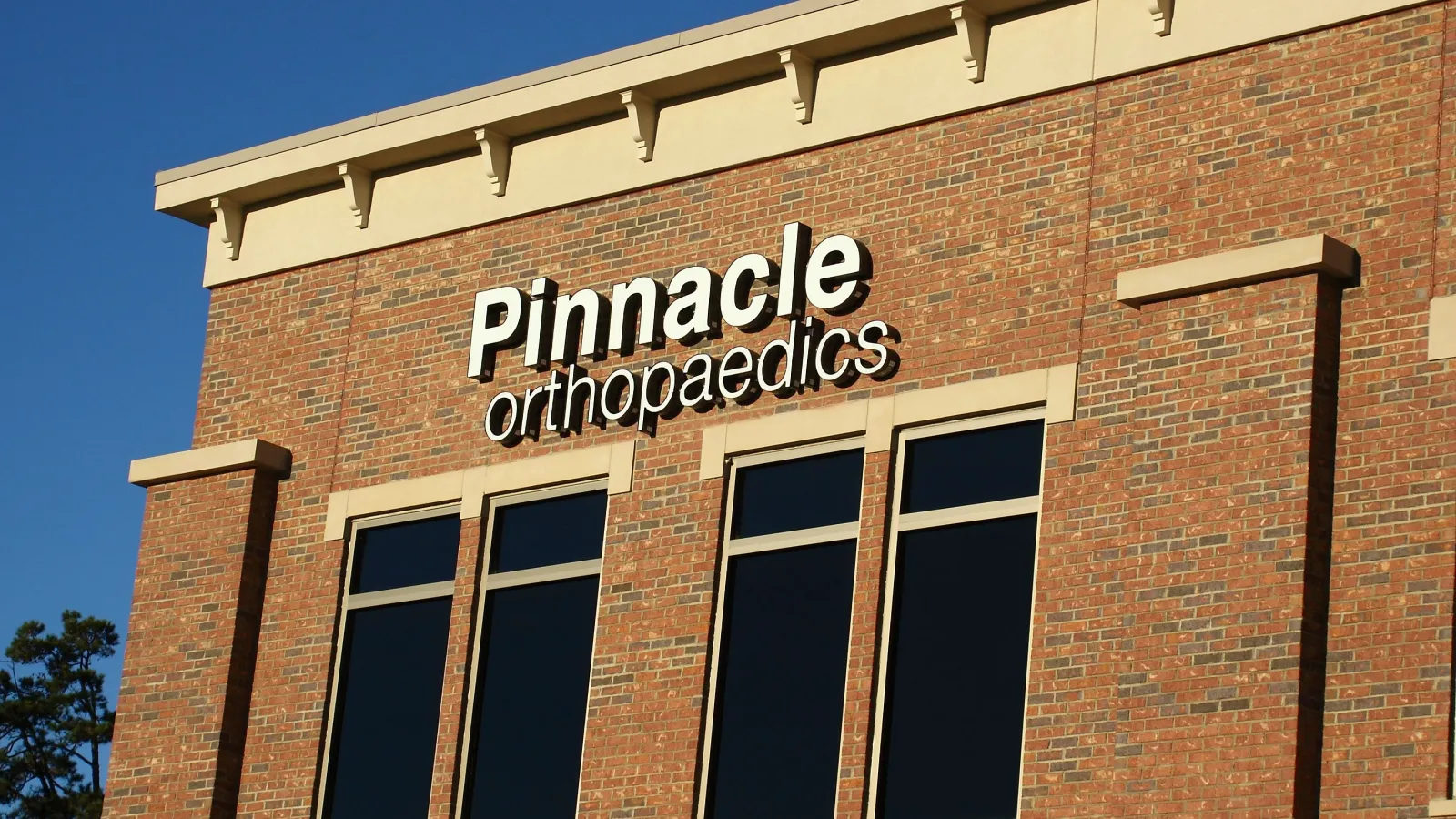 Brick building exterior with Pinnacle Orthopaedics sign under clear blue sky above black windows.