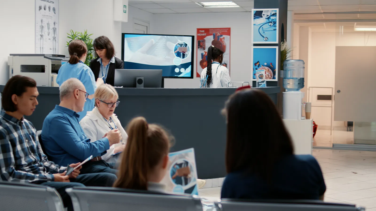 Patients and staff in a modern medical clinic waiting room with informational posters and computer screens