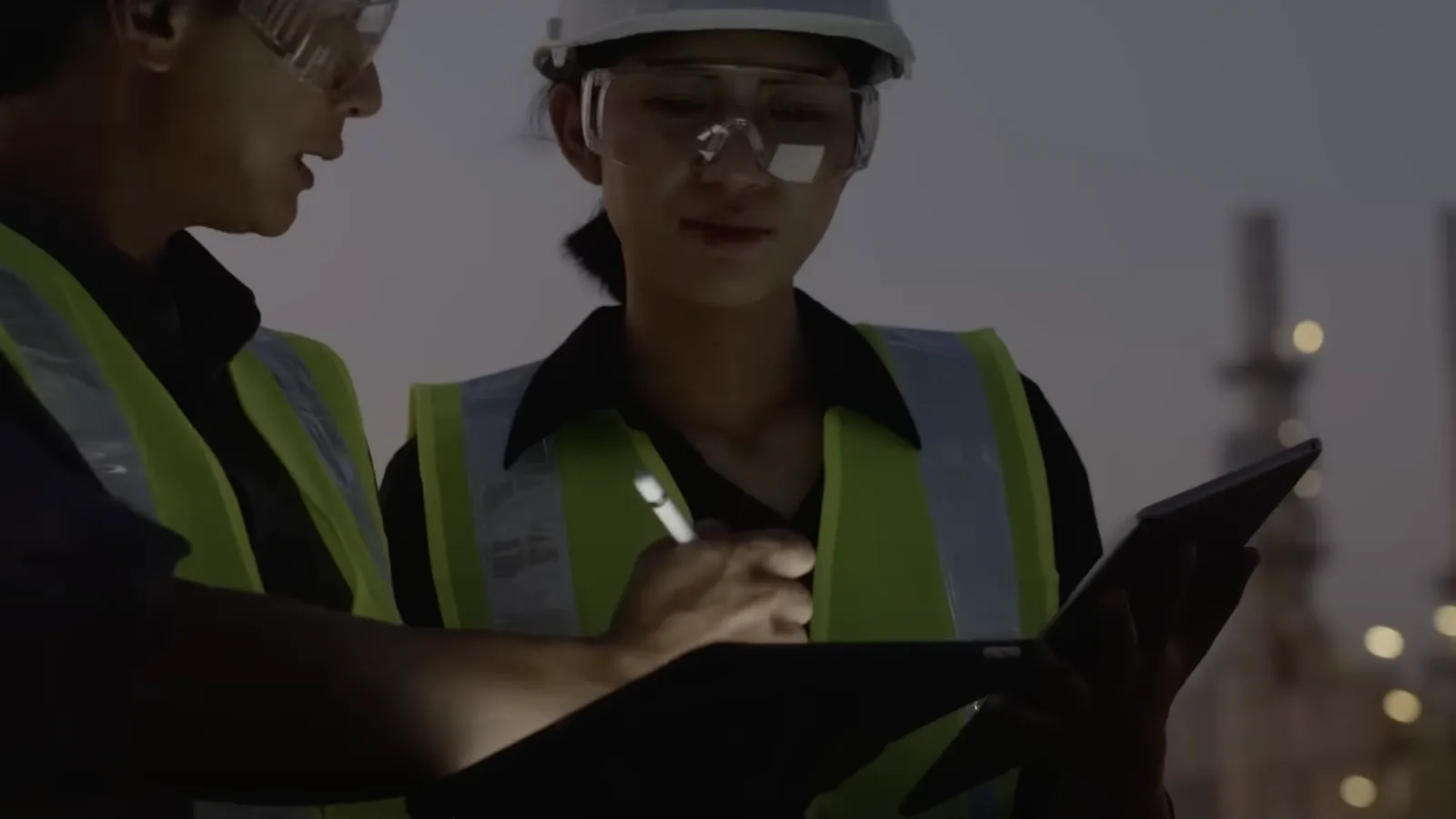 a person wearing a hat and a backpack looking at a tablet
