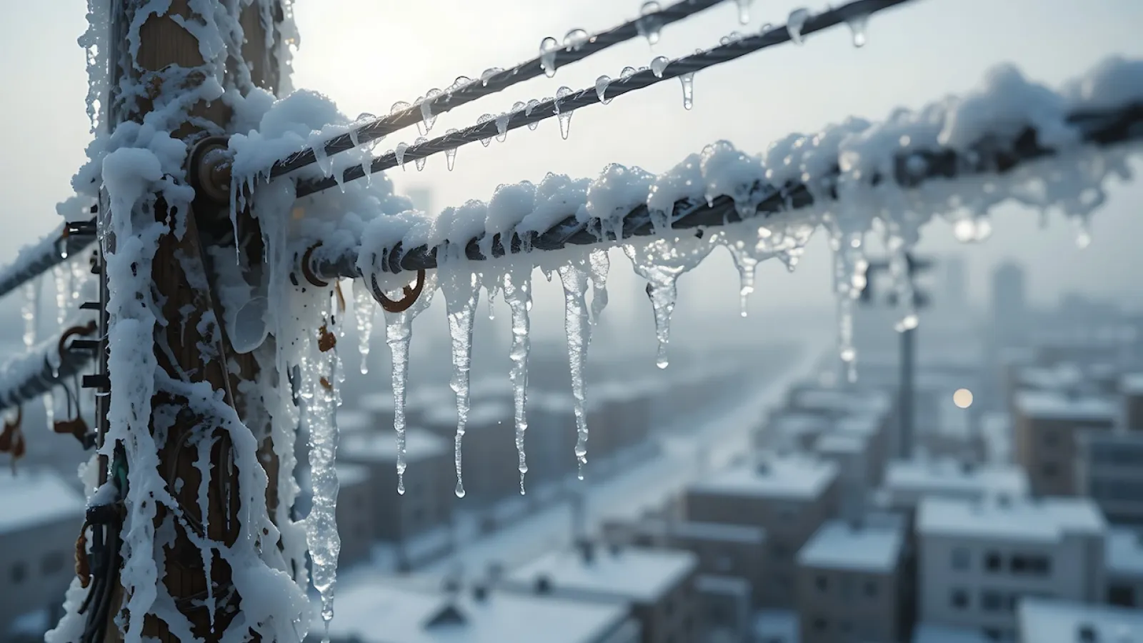 Icicles hanging from snow-covered metal wires and poles with a blurred snowy urban background in winter.