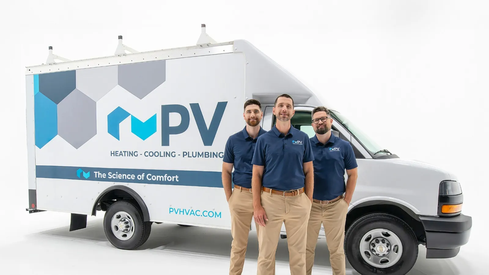 Three HVAC technicians in navy polo shirts and khaki pants stand confidently beside a white PV HVAC service van.