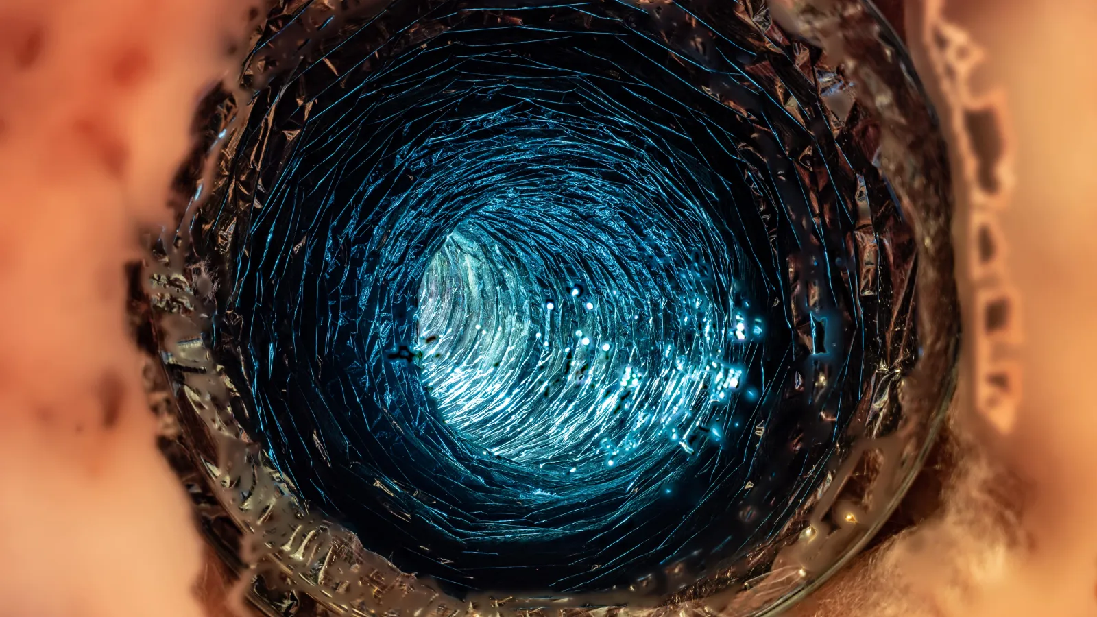 Inside a clean air duct with insulation around the perimeter
