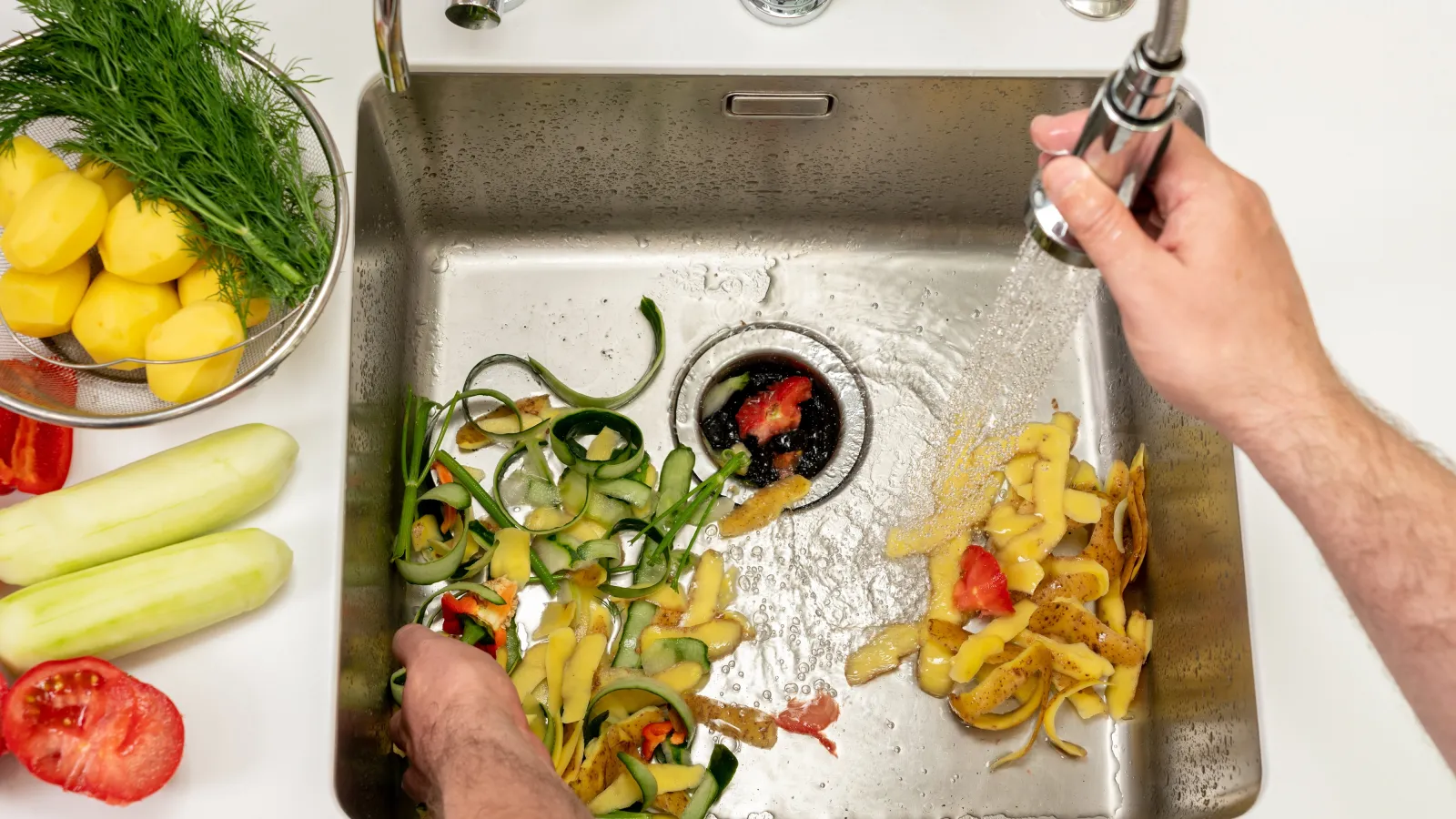 Hands rinsing vegetable peels and scraps in a kitchen sink with running water and fresh vegetables nearby