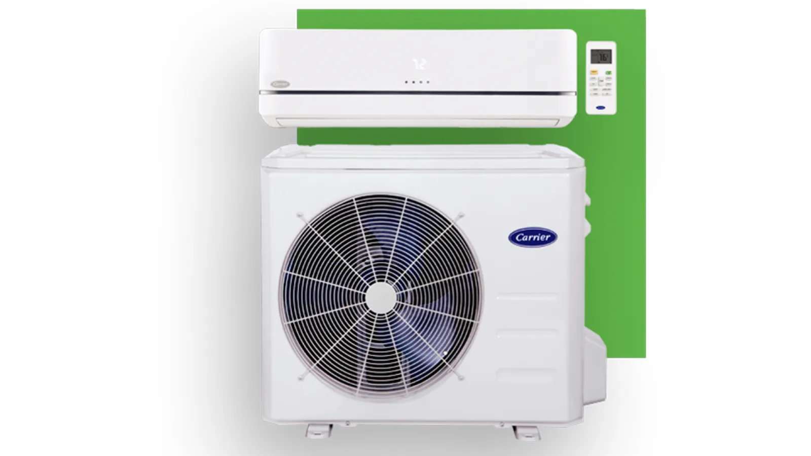 White Carrier air conditioner indoor unit with remote and outdoor condenser unit against green background