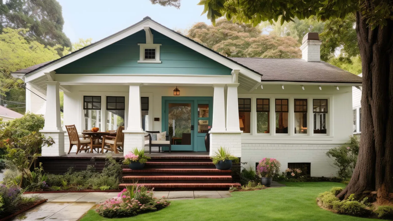 Front view of a charming white bungalow with teal door, porch seating, and lush green lawn with flower beds.