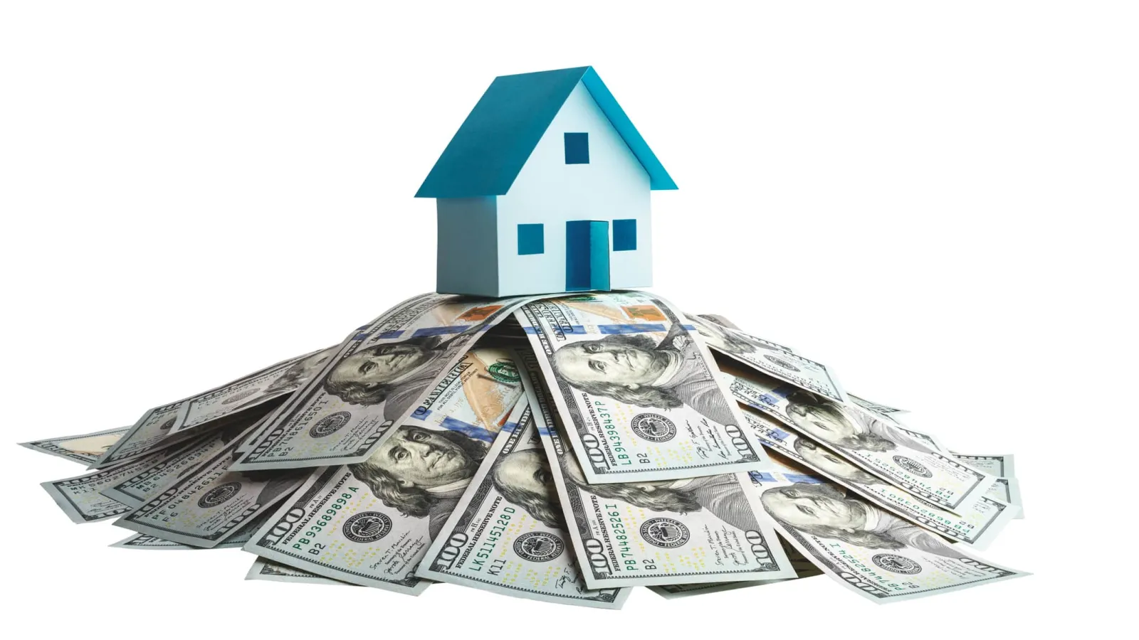Small blue house model on a pile of US hundred dollar bills representing real estate investment or mortgage.