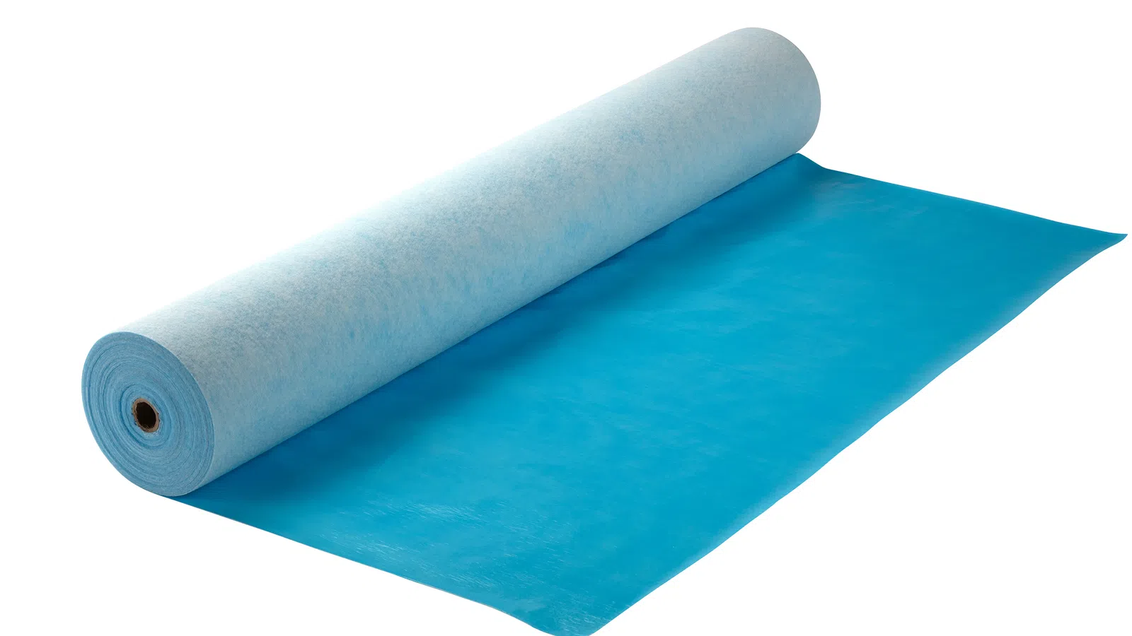 Roll of blue waterproof membrane material partially unrolled on a white background
