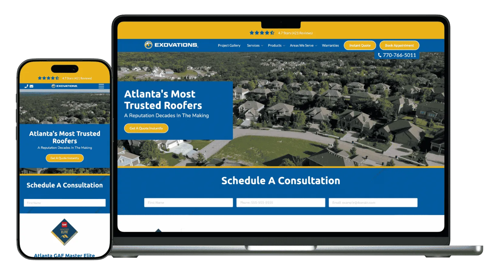 Website homepage of Exovations showcasing trusted roofing services in Atlanta with consultation scheduling options.