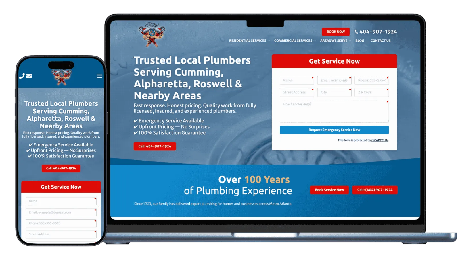 Responsive website design for trusted local plumbers serving Cumming, Alpharetta, Roswell with emergency services.