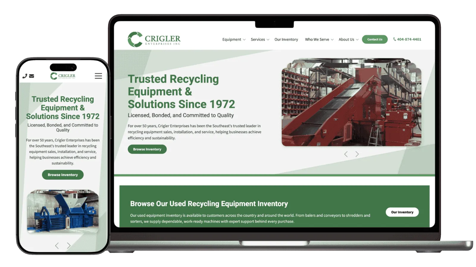 Responsive website showing recycling equipment and company information on phone and laptop screens