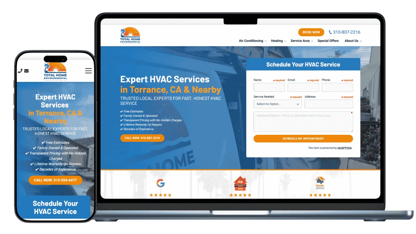 Responsive website for expert HVAC services in Torrance, CA showing service details and appointment scheduling form.
