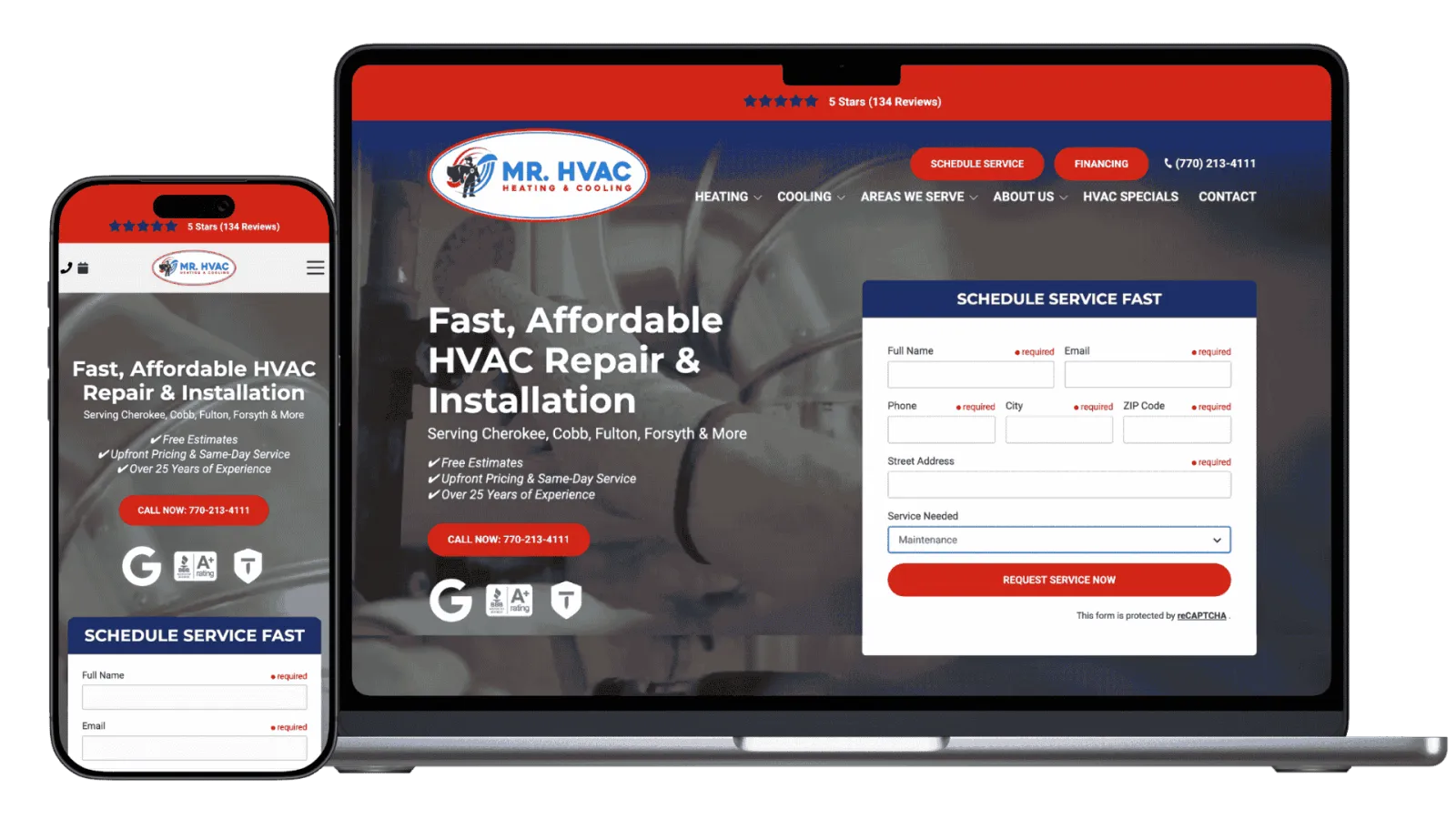 Responsive HVAC repair and installation website on mobile and laptop screens with service scheduling form.