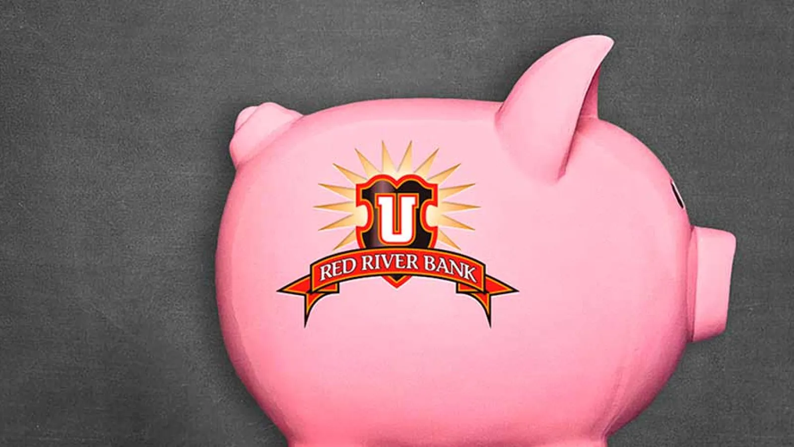 a pink piggy bank with a logo on it