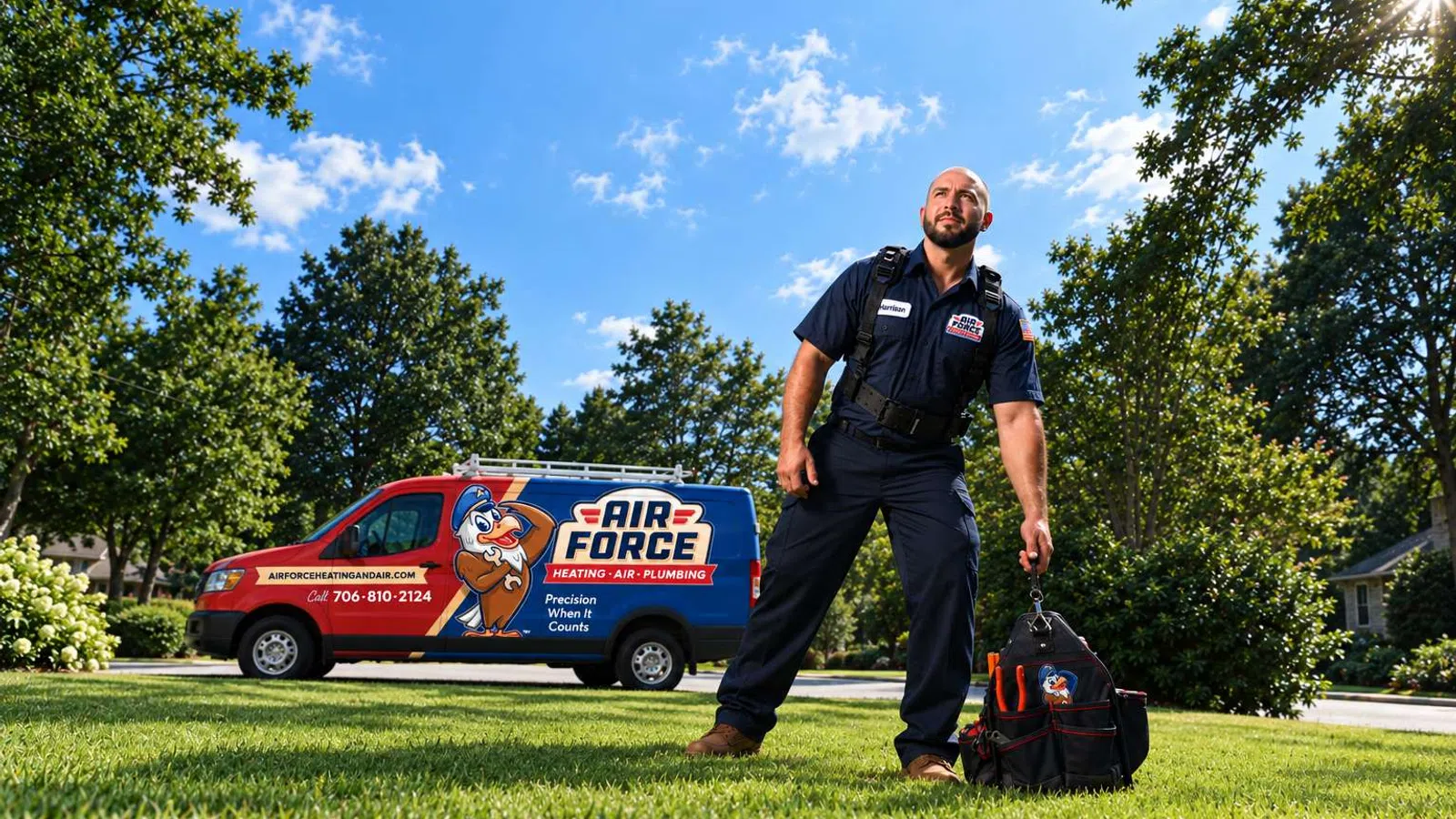 Air Force Heating, Air, Plumbing technician standing on grass with service van and tools on a sunny day.