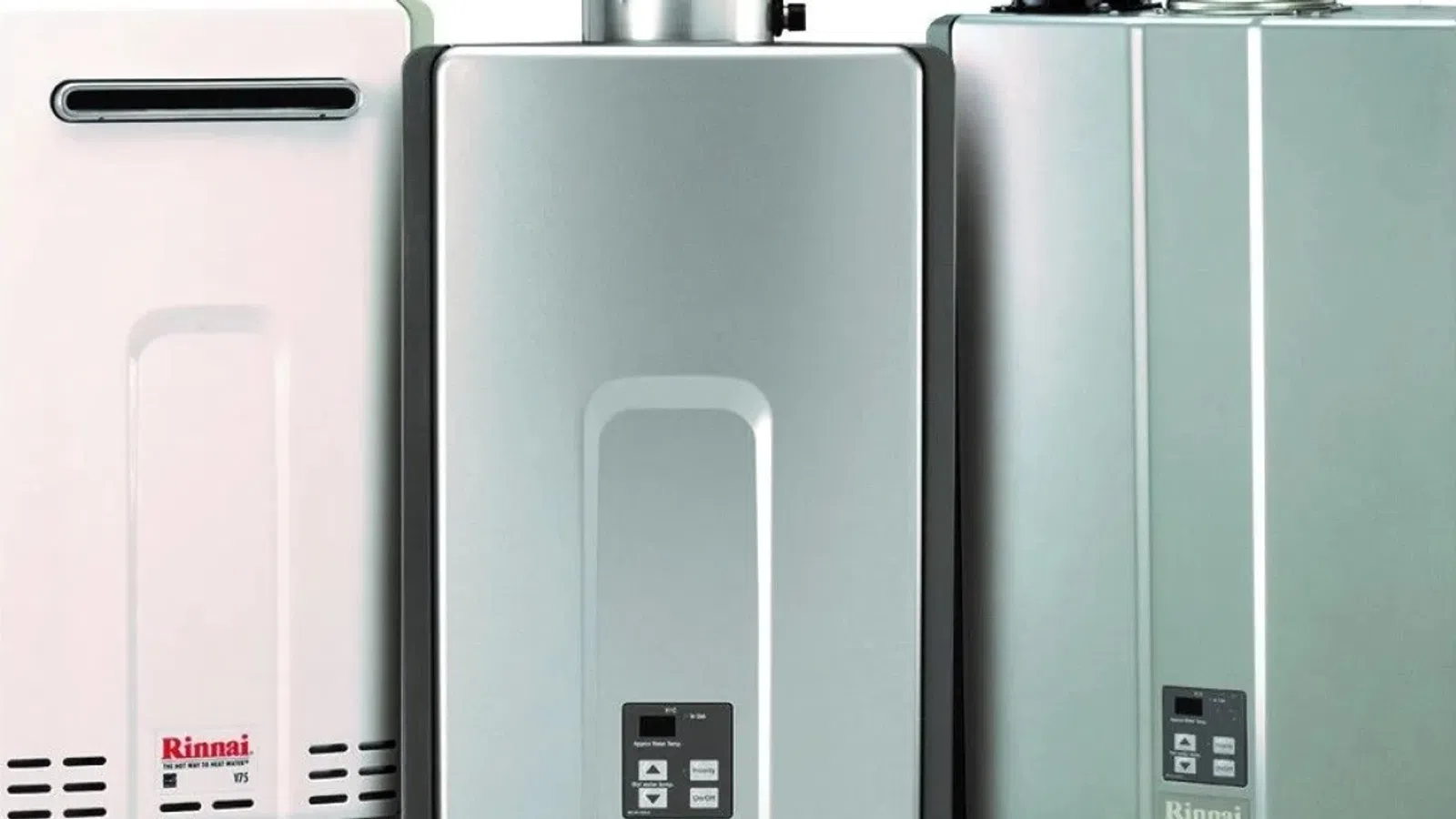 Three modern Rinnai tankless water heaters in white, silver, and gray colors with control panels.