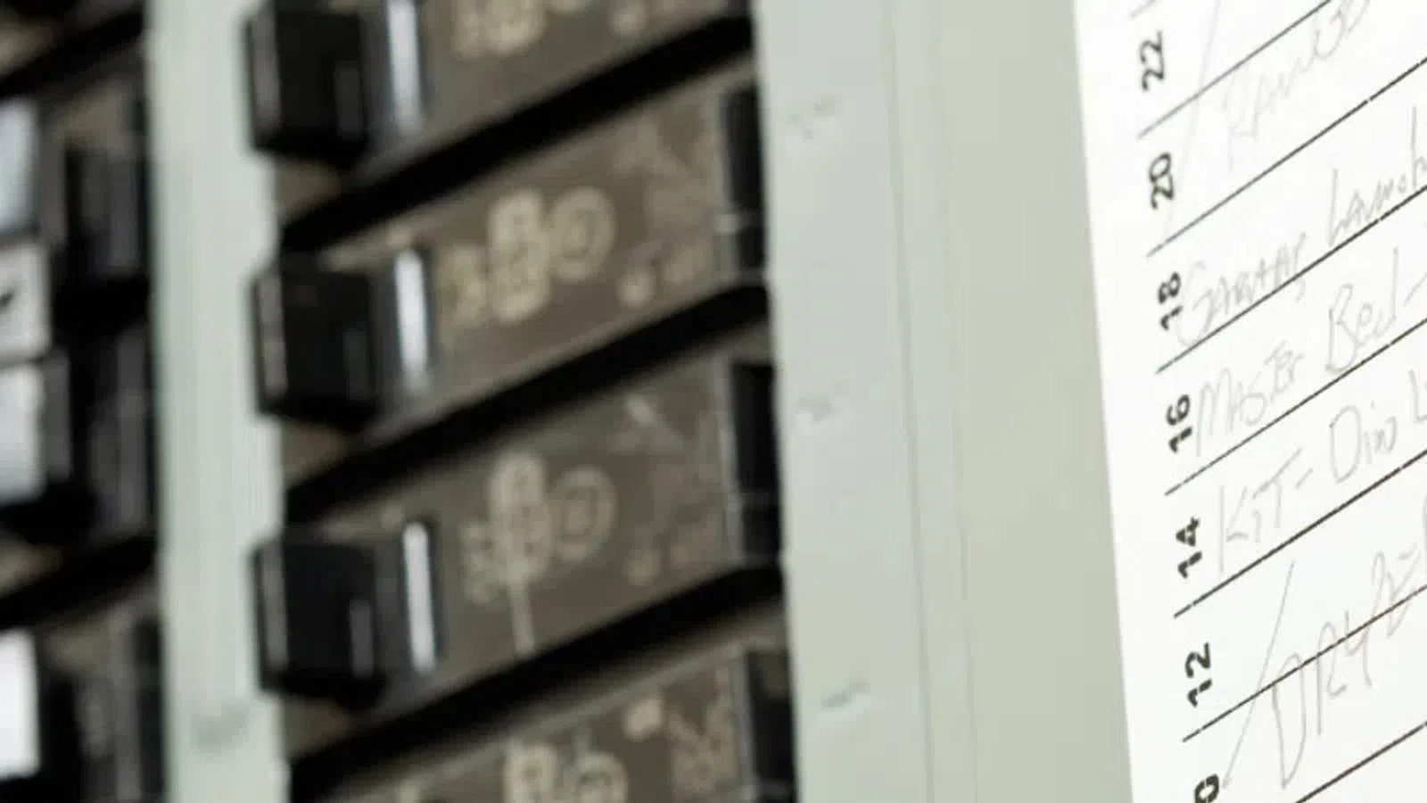 Close-up of electrical circuit breakers and labeled panel in a residential or commercial electrical box.