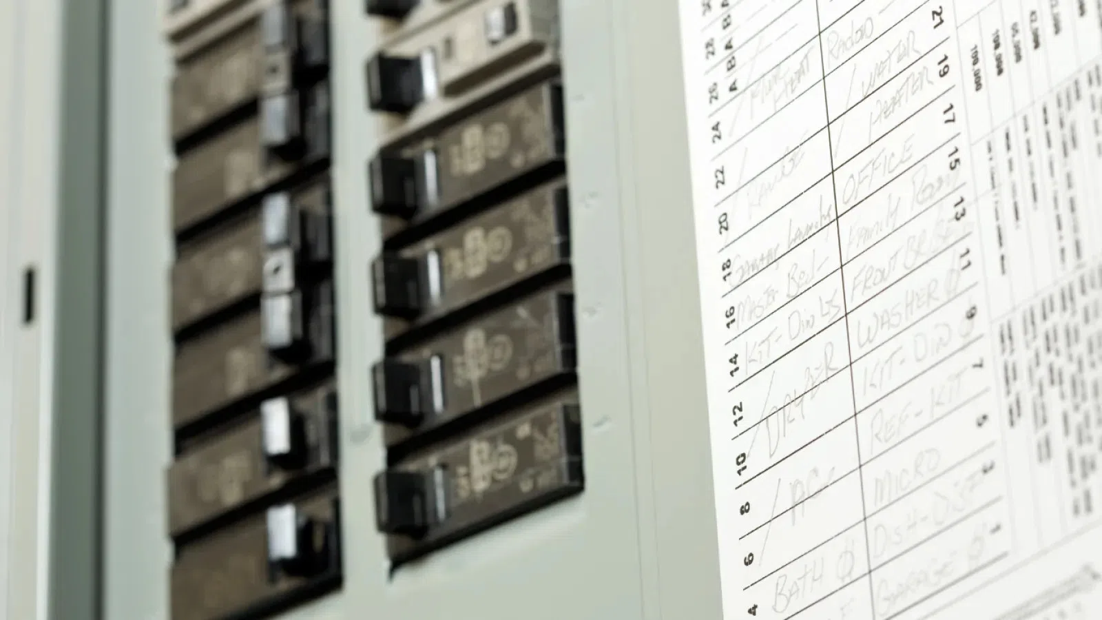 Close-up of an electrical panel with circuit breakers and handwritten labels on the panel directory sheet.