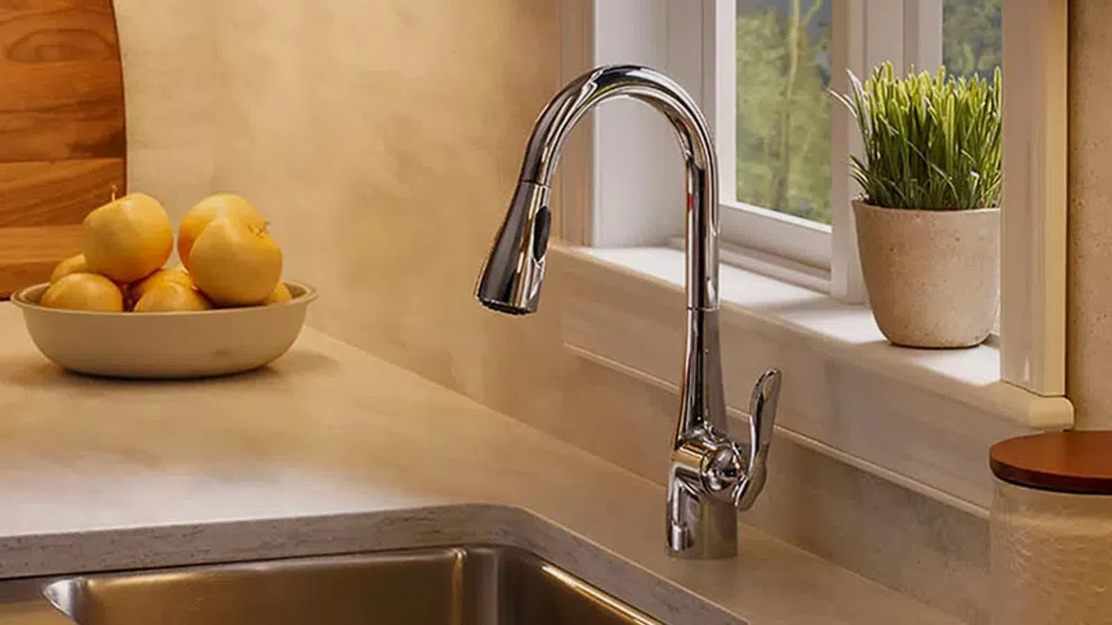 Modern kitchen sink with stainless steel faucet, wooden cutting boards, potted plants, and lemons on marble countertop.