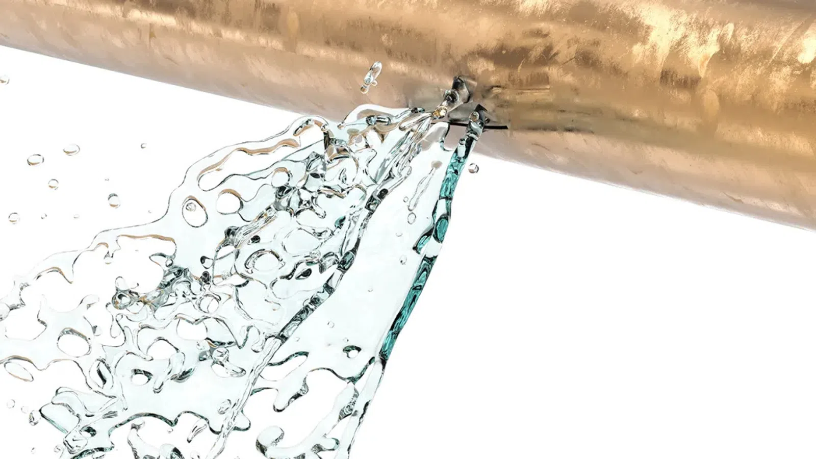 Close-up of a broken metal pipe leaking clear water with water splashing out against a white background