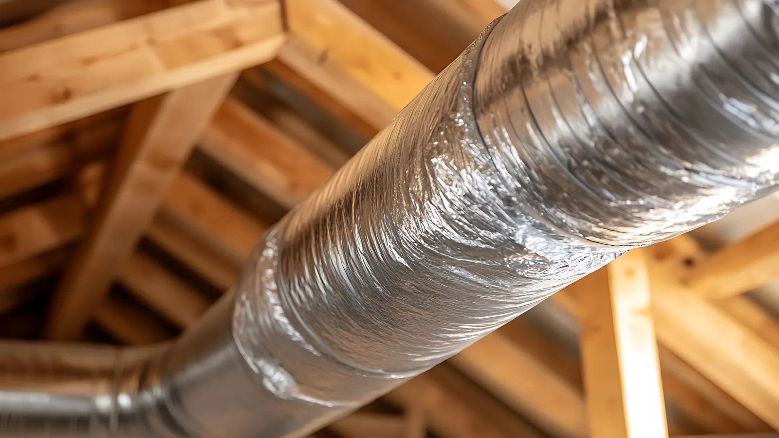 Mallard duck upside down with its tail and orange legs sticking out of a metal ventilation duct indoors