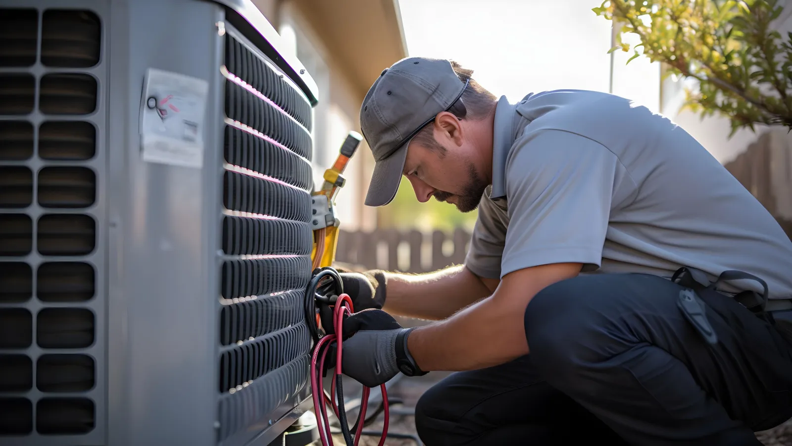 Technician wearing gloves and cap repairing an outdoor air conditioning unit with tools under daylight.
