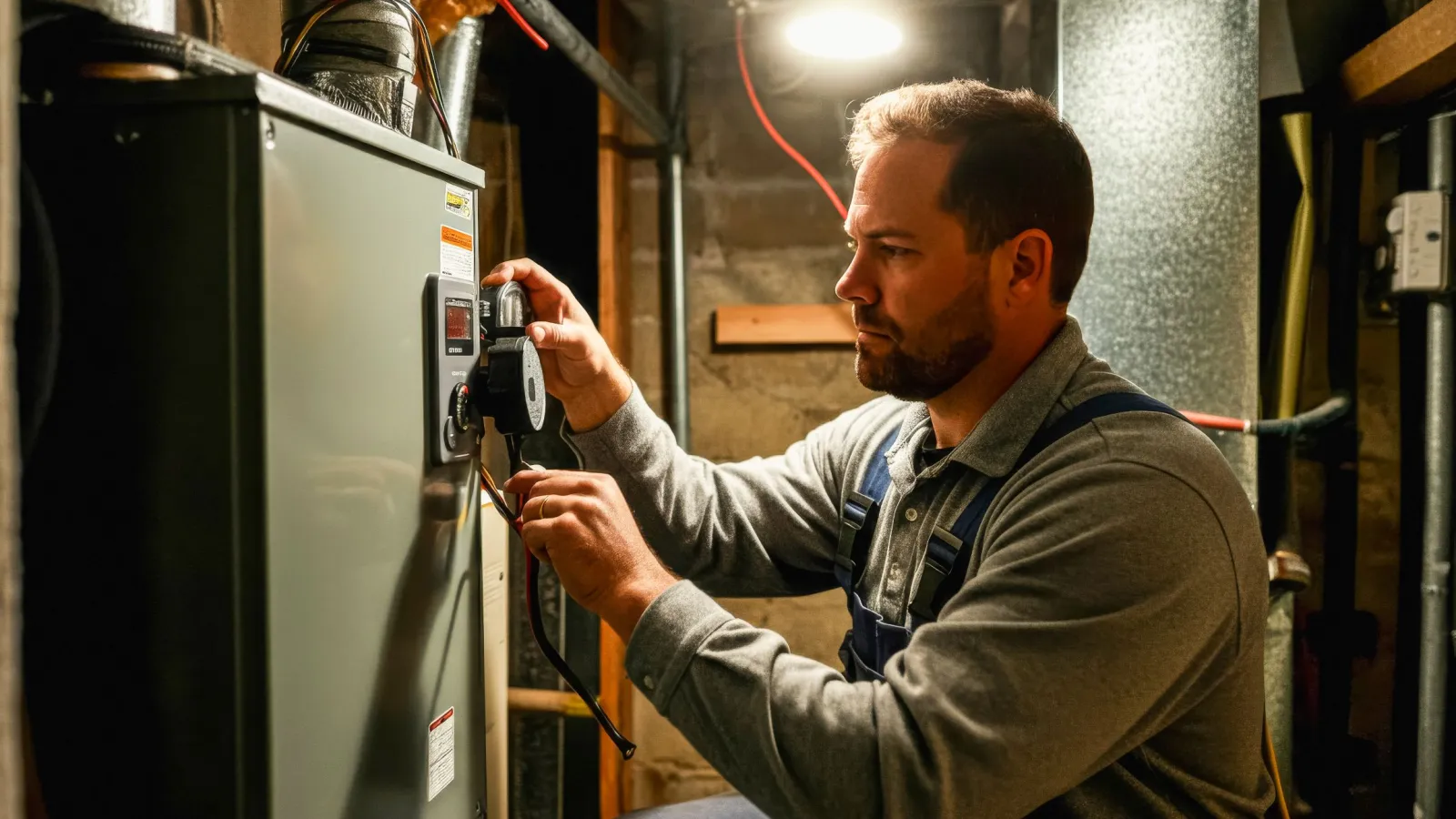 Technician with glasses inspecting and repairing an outdoor HVAC unit during daytime.