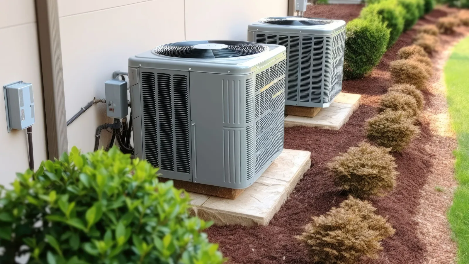 Two outdoor air conditioning units installed on stone pads beside a house with landscaped bushes and mulch.
