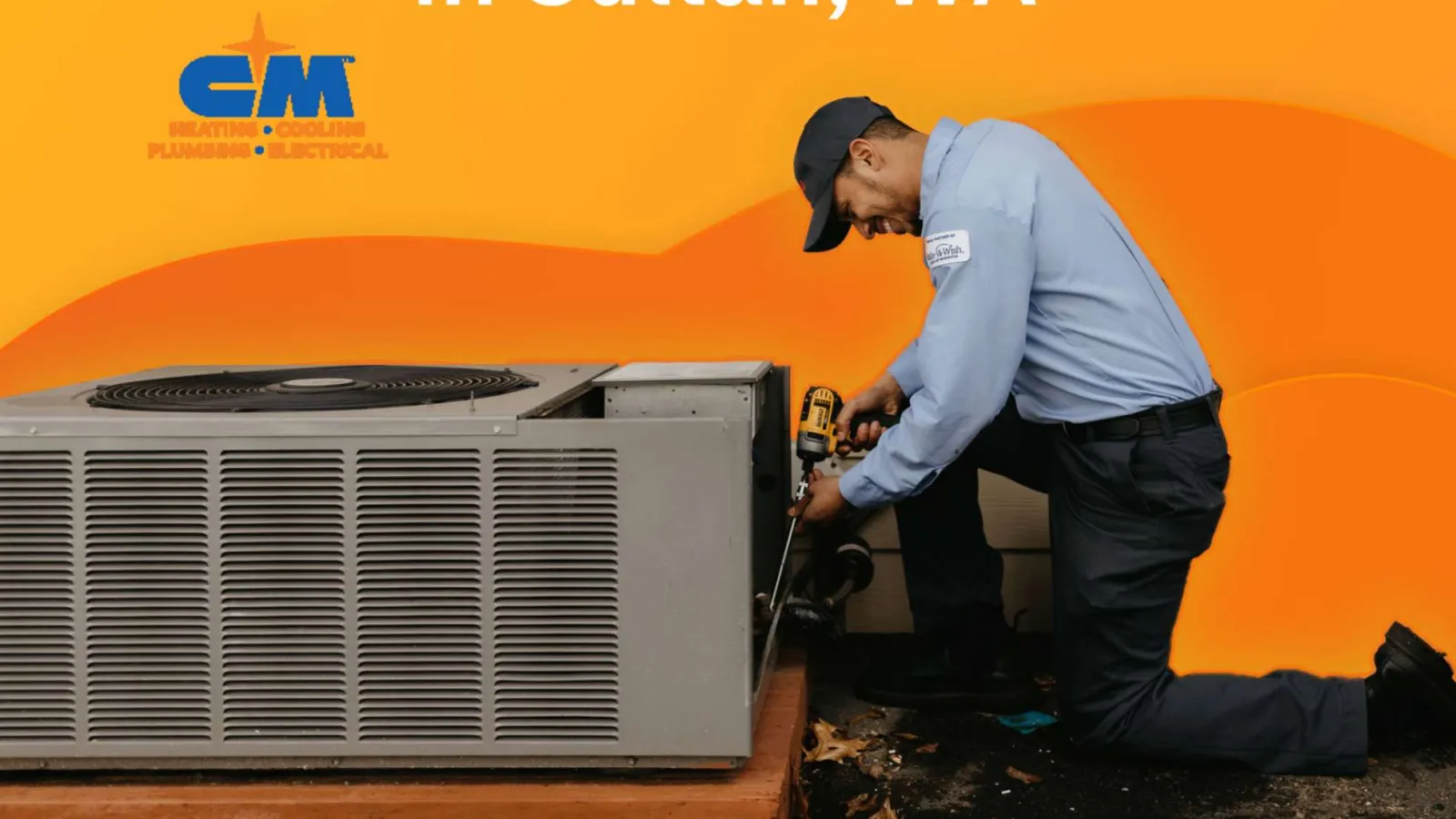 Technician servicing outdoor AC unit for reliable and efficient AC services in Sultan, WA with orange background.