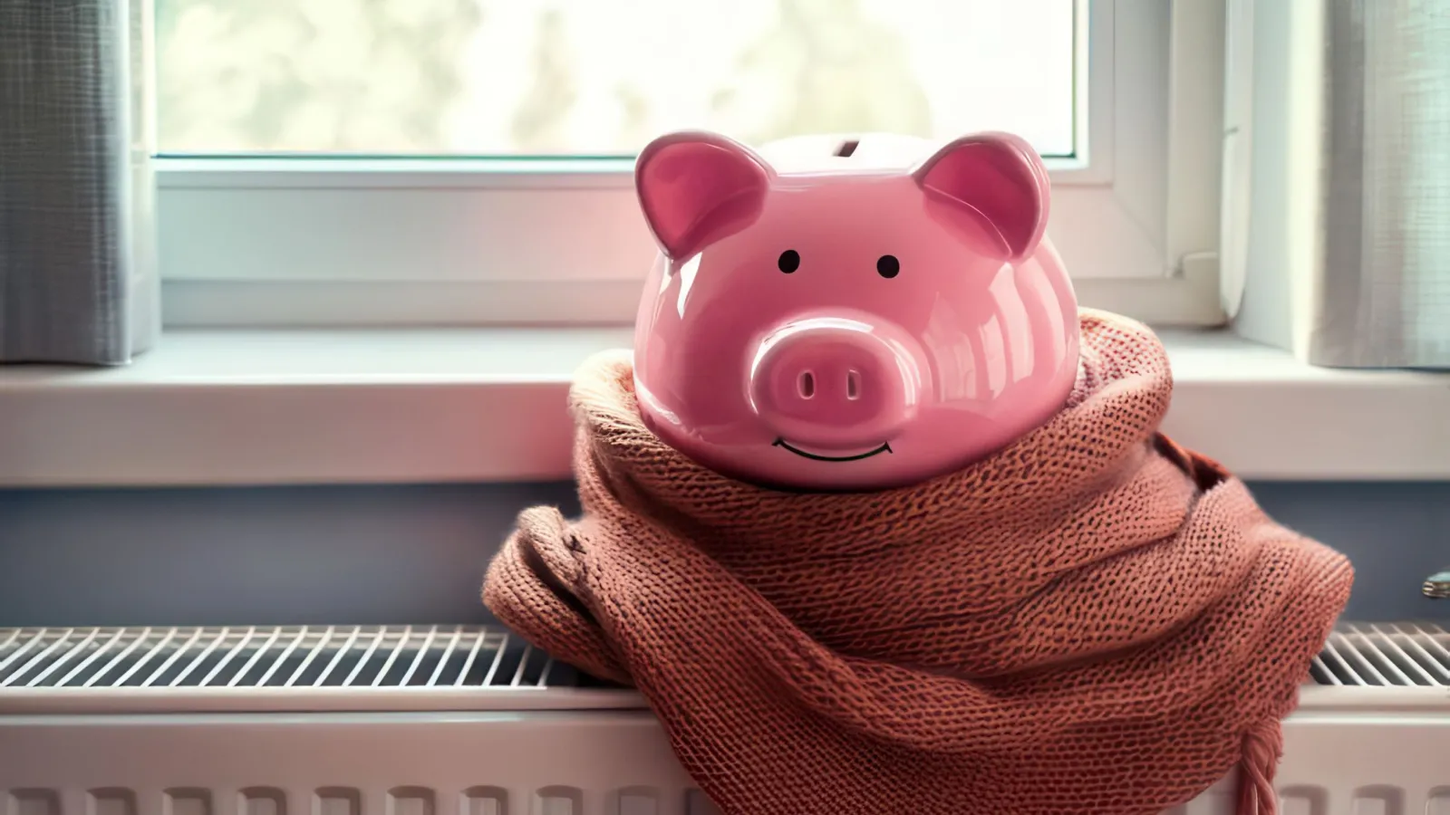 Pink piggy bank wrapped in a cozy brown scarf sitting on a white radiator by a window.