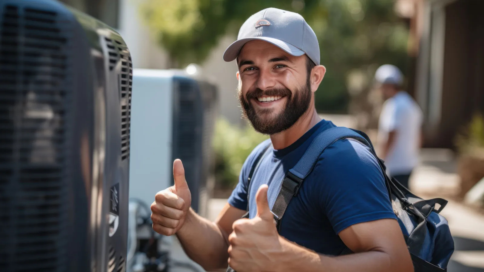 Smiling HVAC technician giving thumbs up while working on outdoor air conditioning units in daylight.