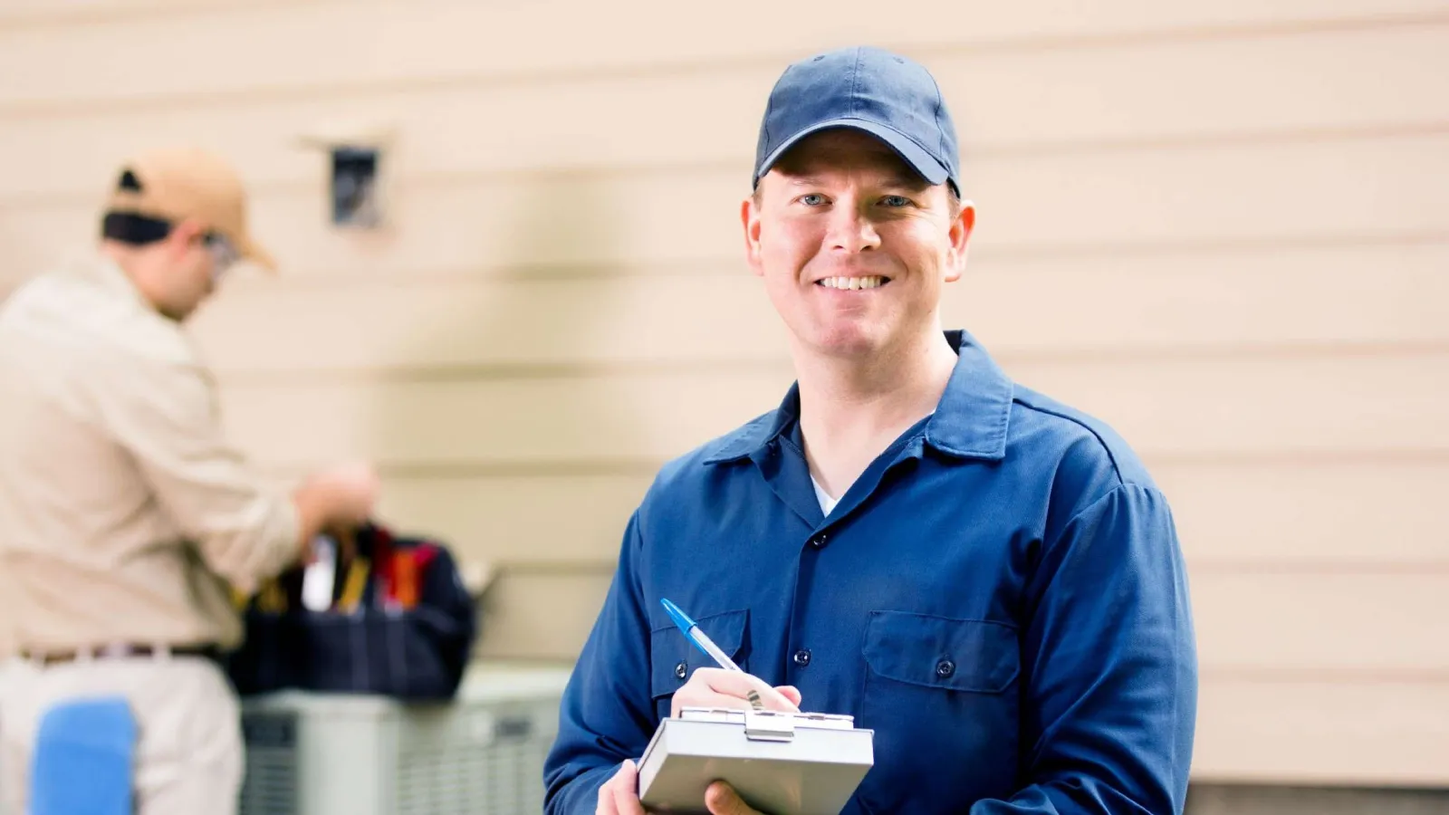 Technician wearing mask and gloves installing or cleaning an air filter in HVAC system ceiling vent.