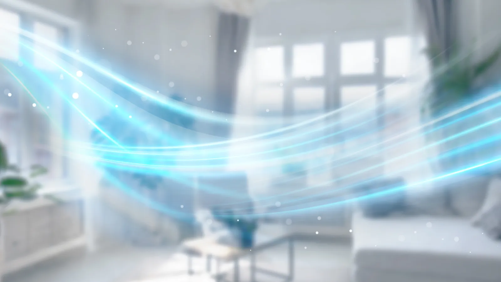 Bright living room with natural light and blue air flow lines representing fresh, clean air circulation.