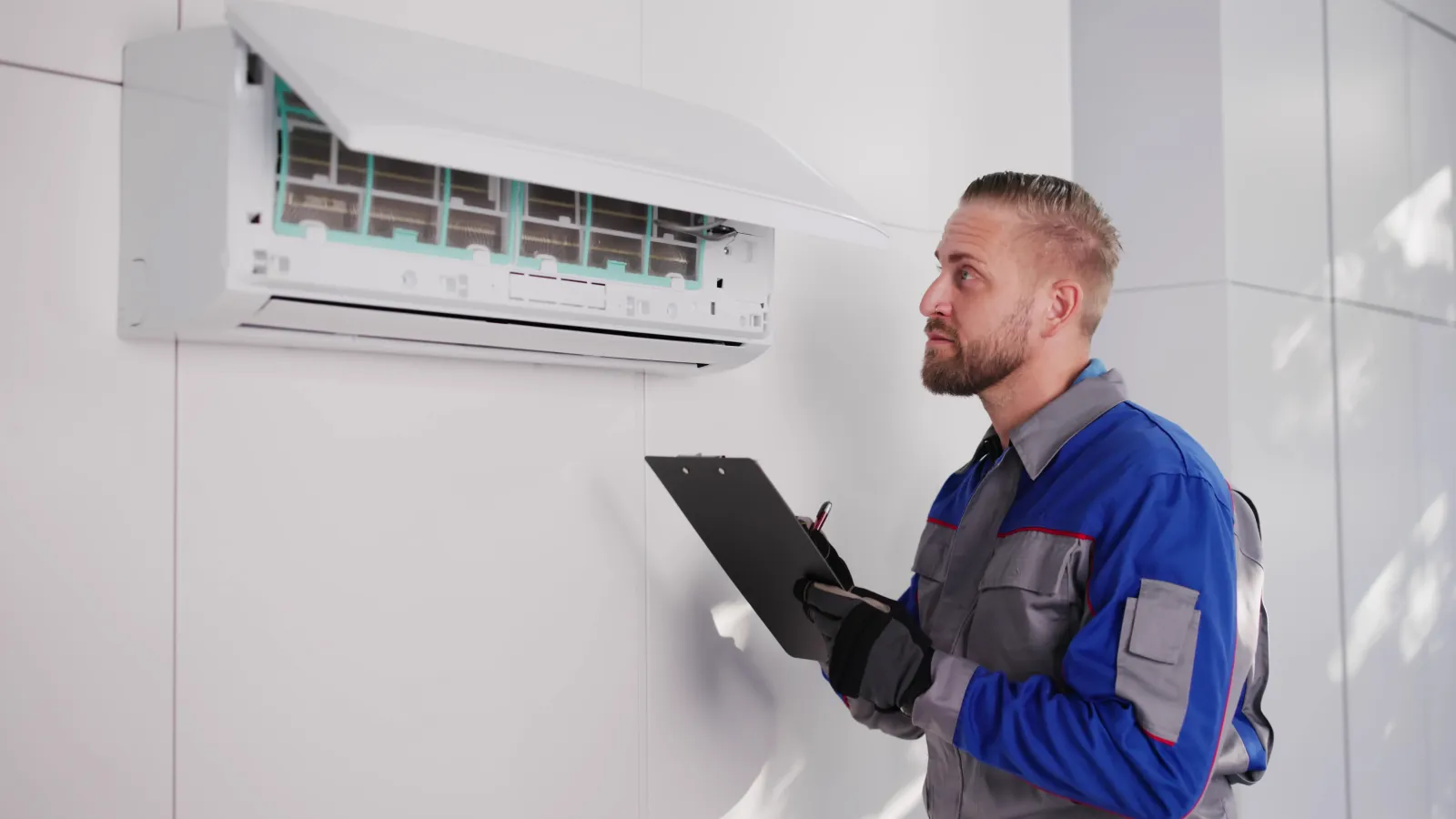 Technician inspecting and servicing a wall-mounted air conditioning unit in a modern white room with clipboard in hand