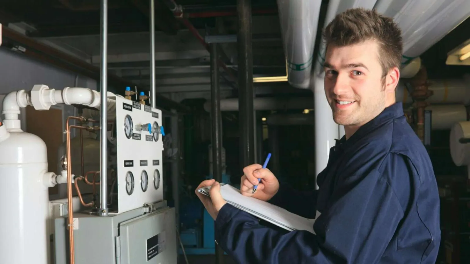 Technician in a navy uniform inspecting industrial machinery and recording data on a clipboard in a factory setting