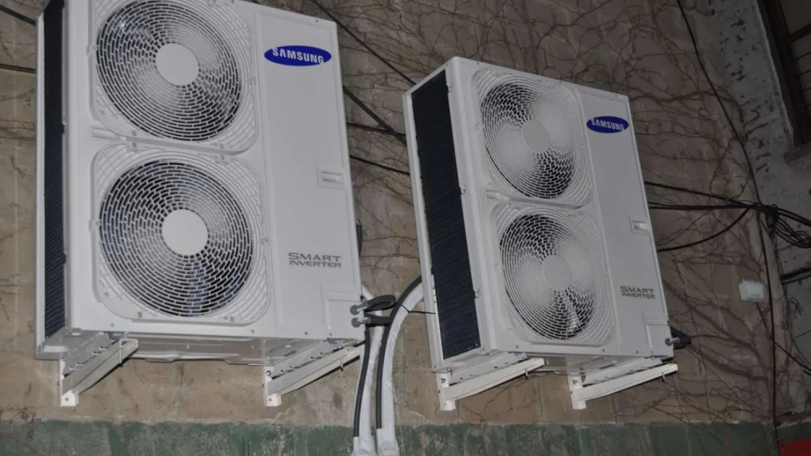 Outdoor air conditioning unit installed beside a gray house with yellow shrubs and green lawn in a landscaped bed.