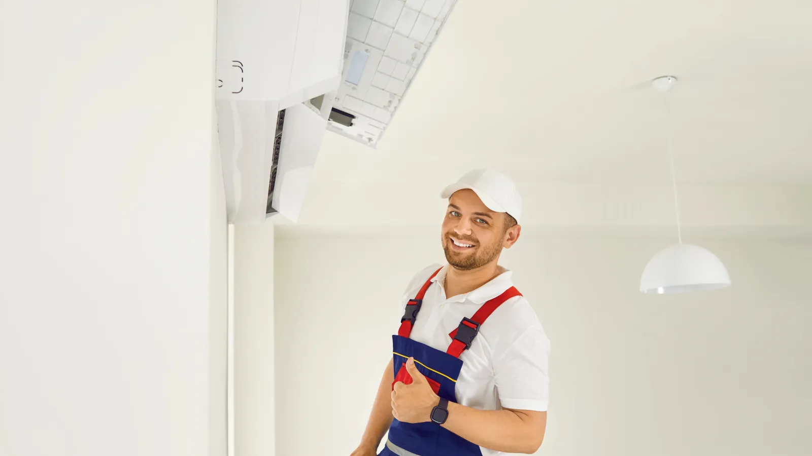 Technician in uniform giving thumbs up while servicing a wall-mounted air conditioner indoors