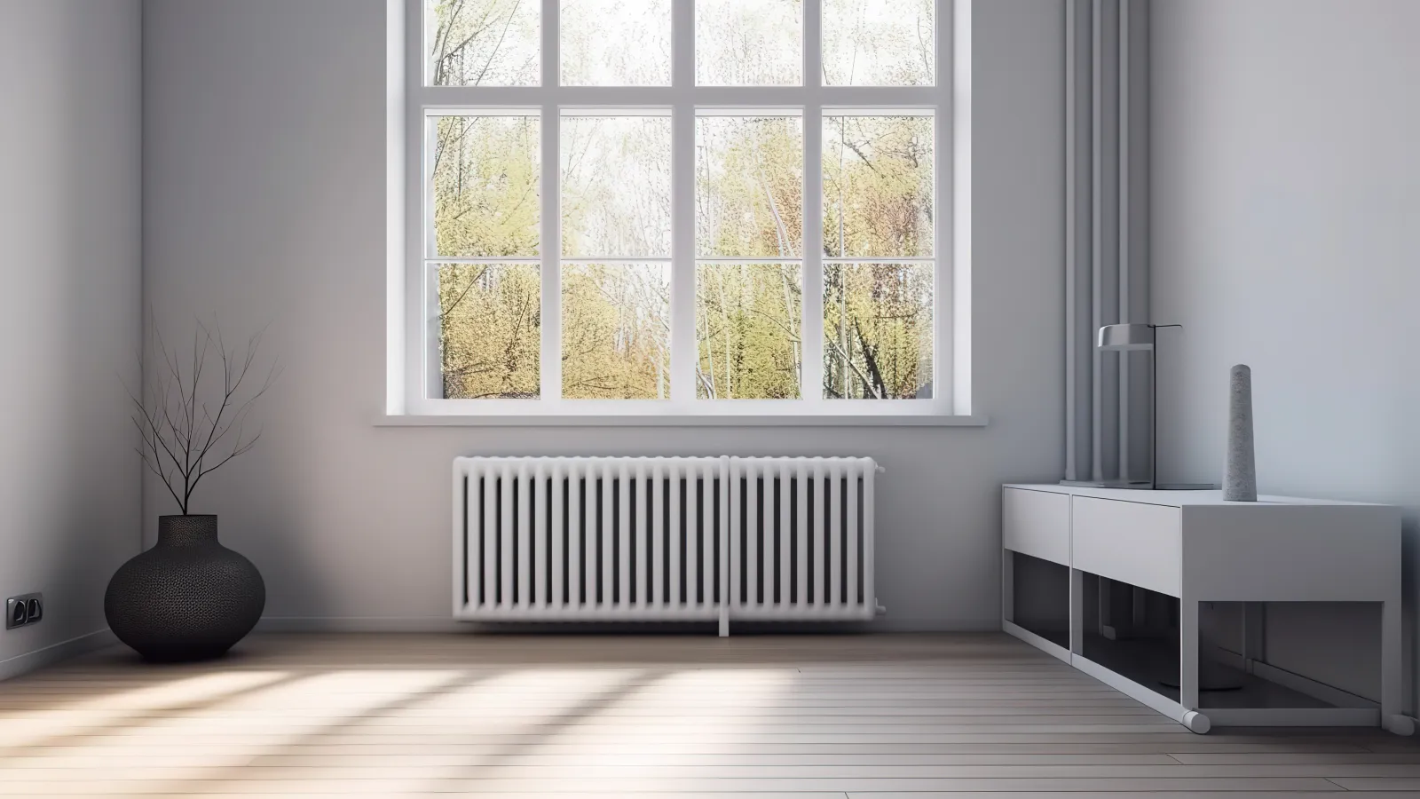 a room with a window and a plant in it