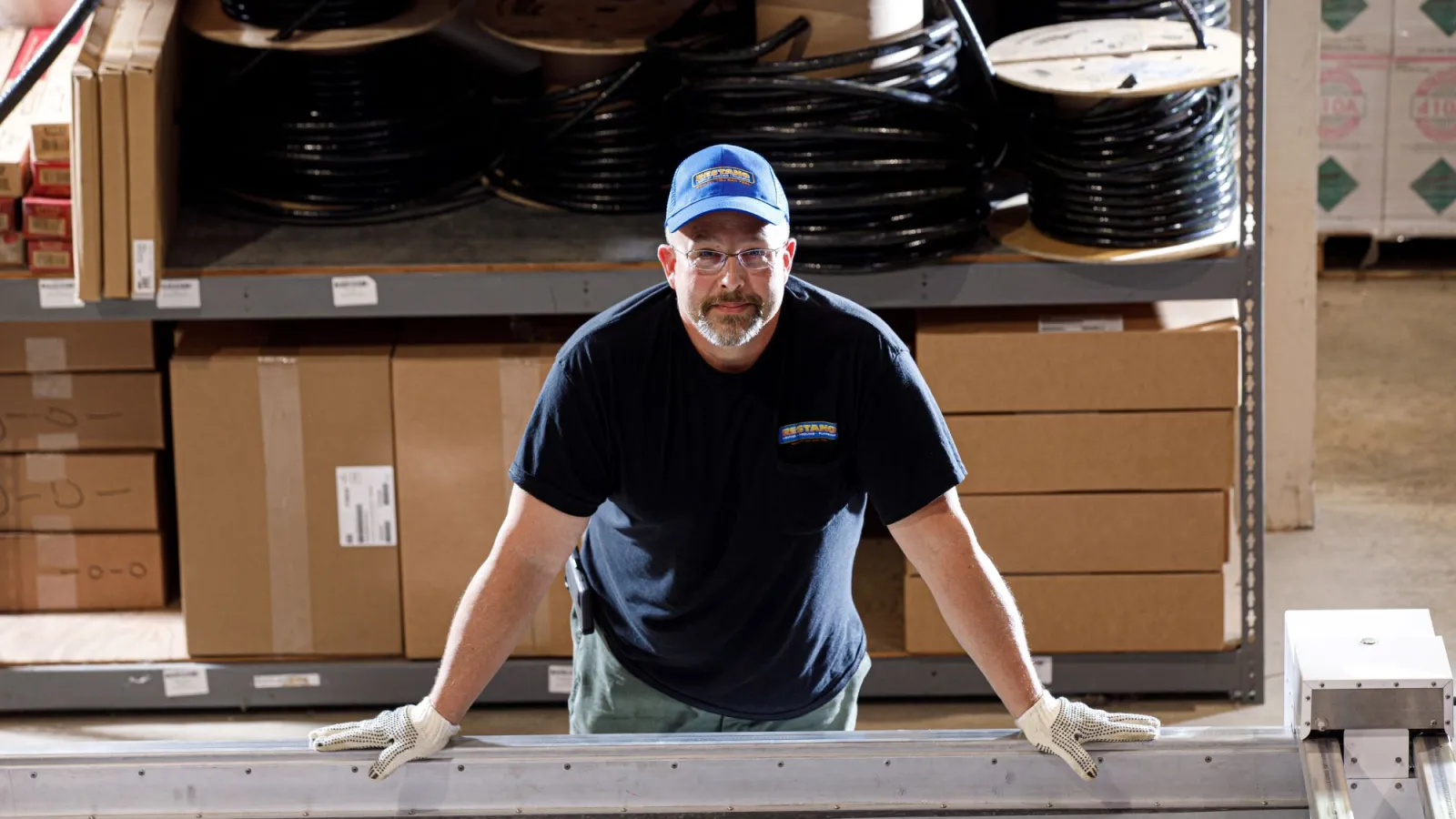a man in a blue shirt