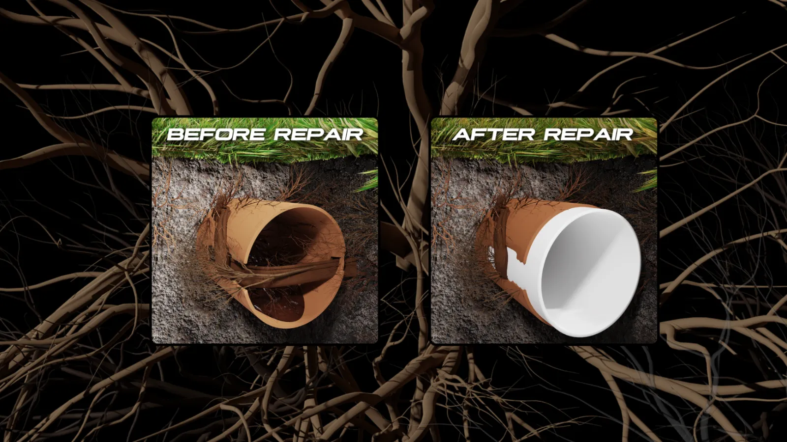 Trenchless sewer repair before and after animation