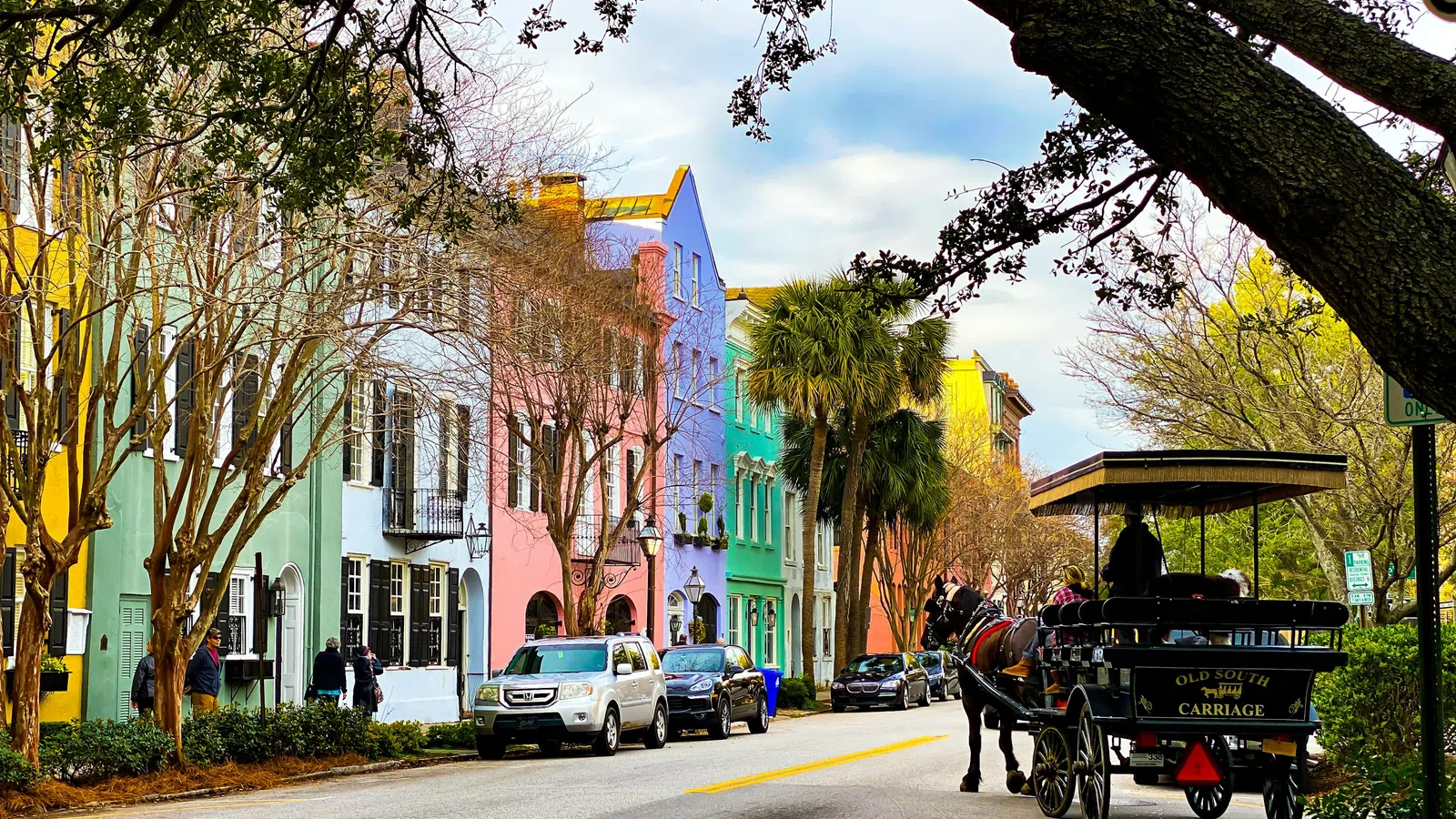 a horse carriage on the street with colorful houses in Charleston