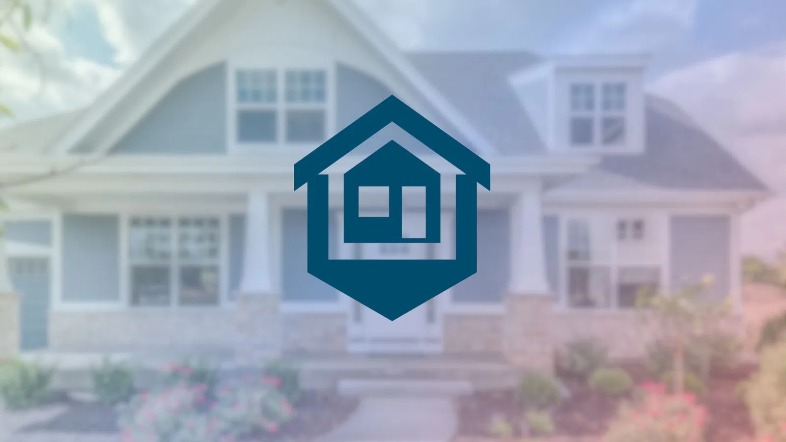Blue house-shaped logo icon over blurred image of a modern suburban home with garden and walkway.