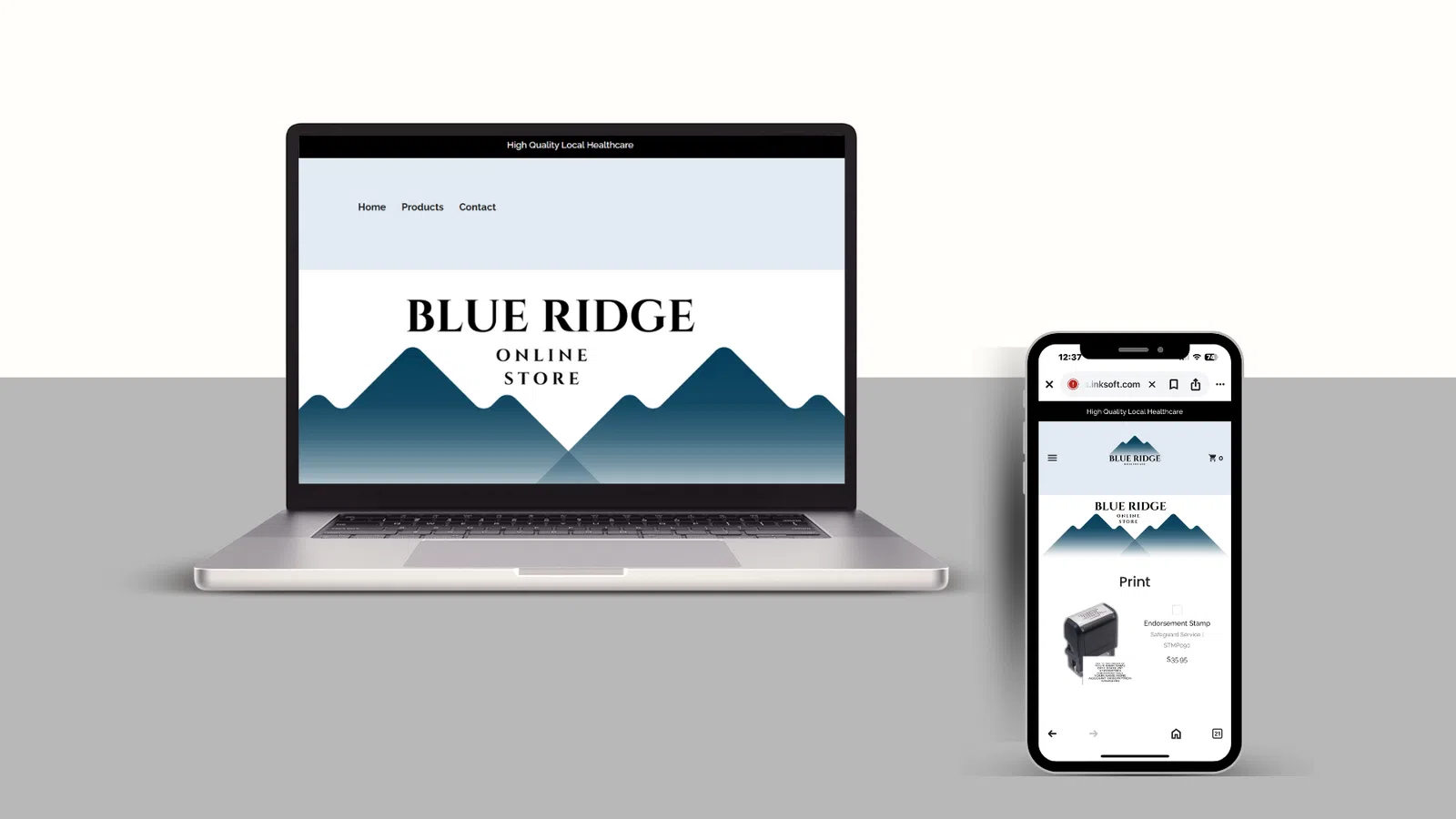 Laptop and smartphone showing Blue Ridge online store with mountain logo and product page on screen.
