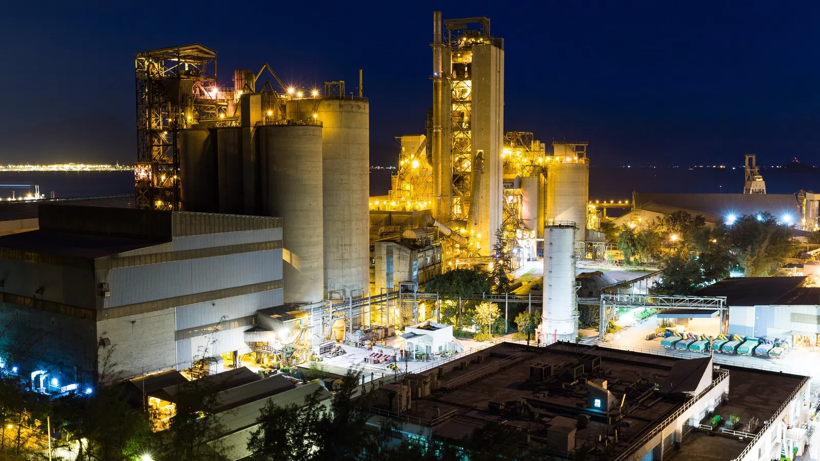 Industrial energy facility lit up at night