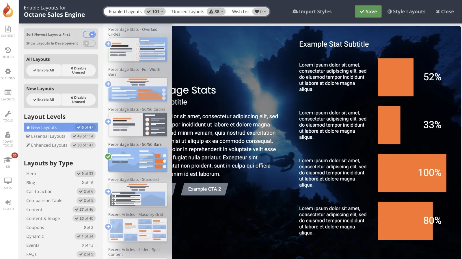 Dashboard interface showing layout options, percentage stats, and sample data visualizations with bar charts and overlays.