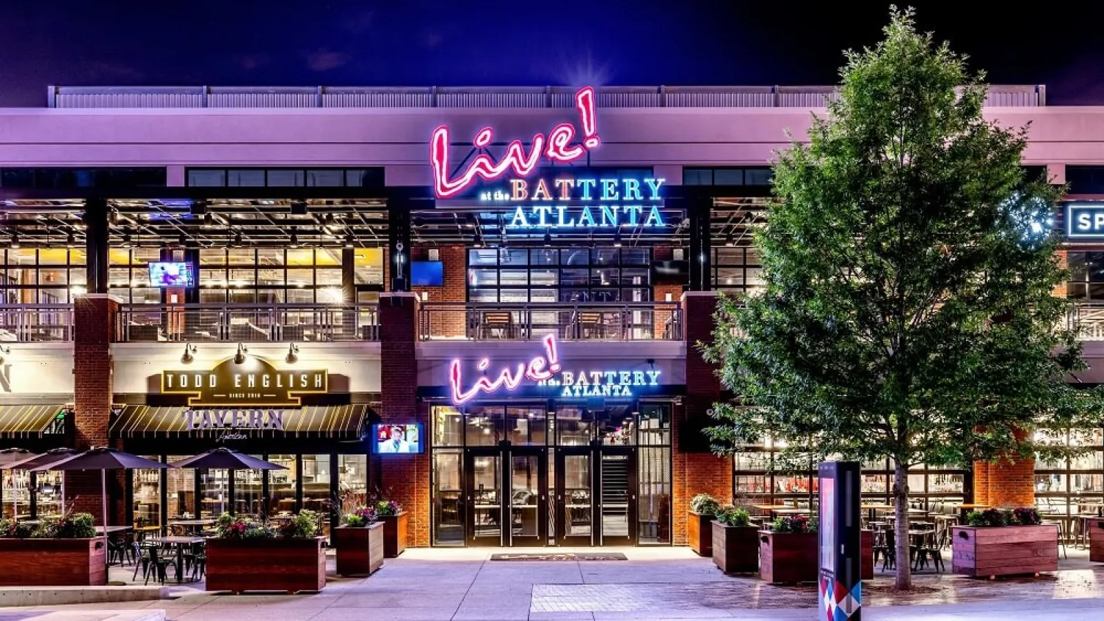 a building with neon signs